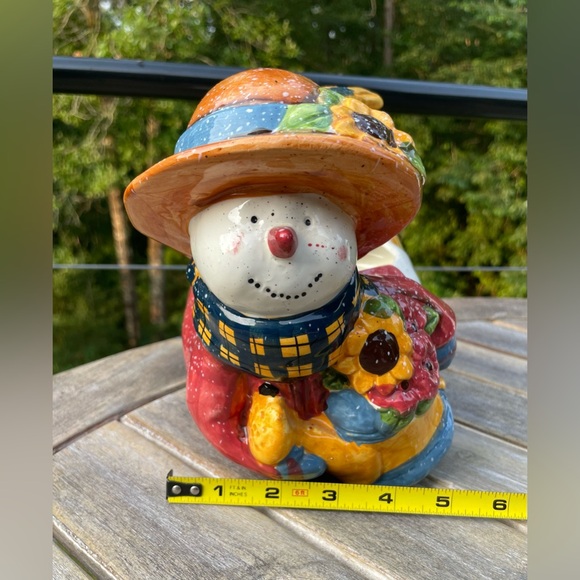 Vintage 90s Ceramic Girl Christmas - Autumn Snowman Planter With Handle - Picture 9 of 9